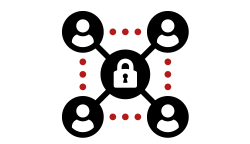 Image of secure lock, surrounded by four user people icons